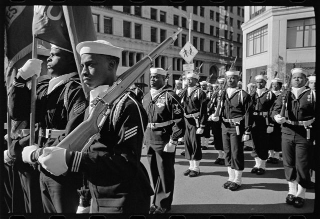 New York City street scene with pedestrians and urban architecture